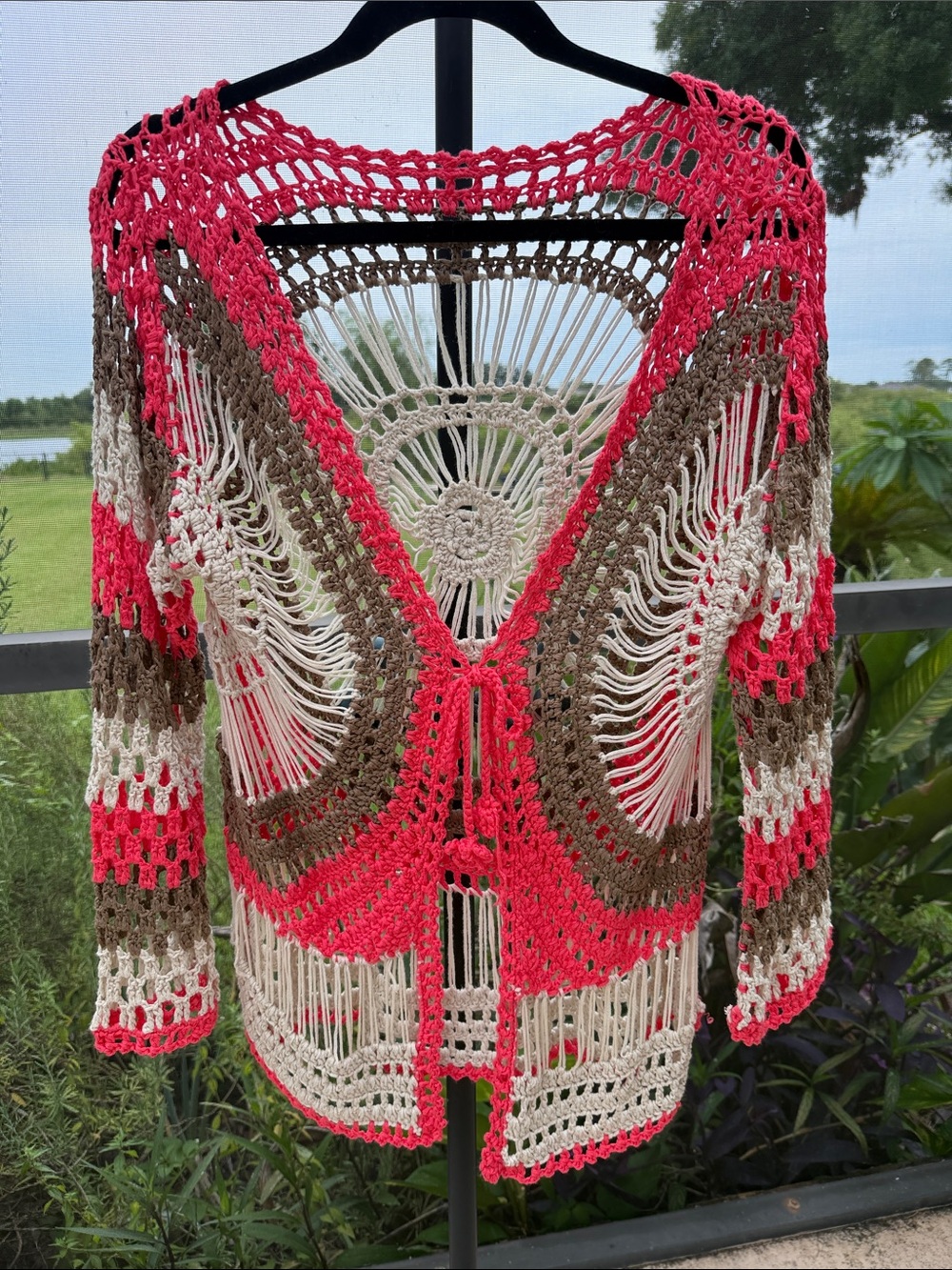 Boho Crochet Open-Weave Cardigan Shrug in Coral, Brown & Cream